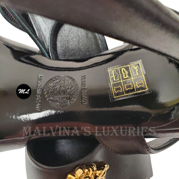 VERSACE SHOES BLACK LEATHER w MEDUSA HIGH HEEL SANDALS 38 / US 8 - Picture 10 of 12